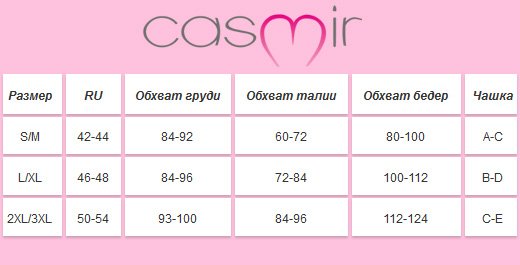 Таблица размеров Casmir