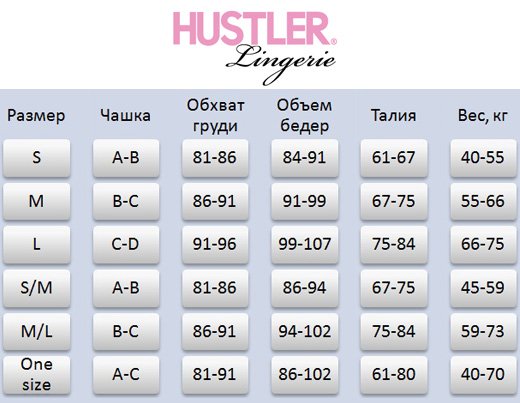 Таблица размеров Hustler